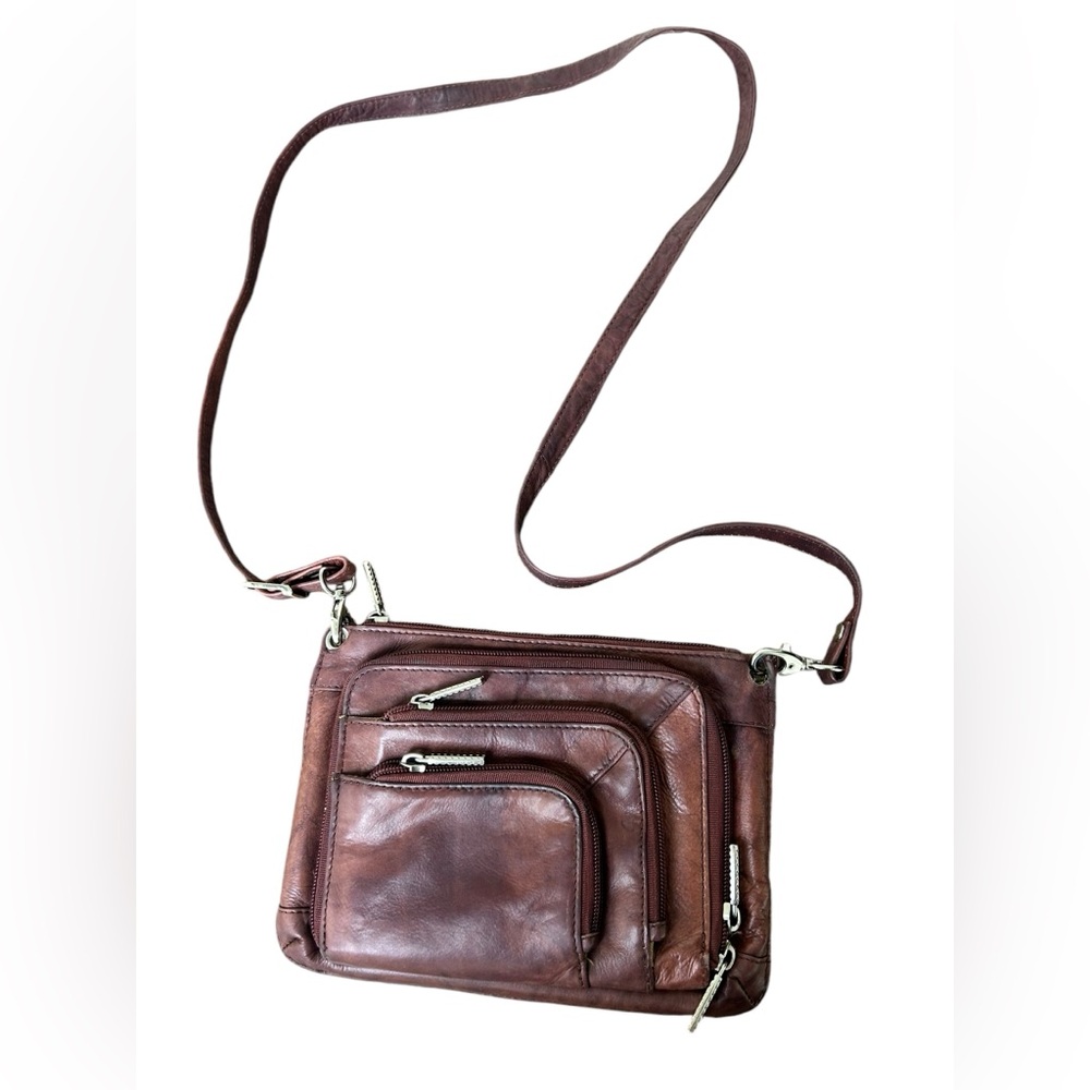 Falcon Brown Leather Crossbody Bag Multi Zip